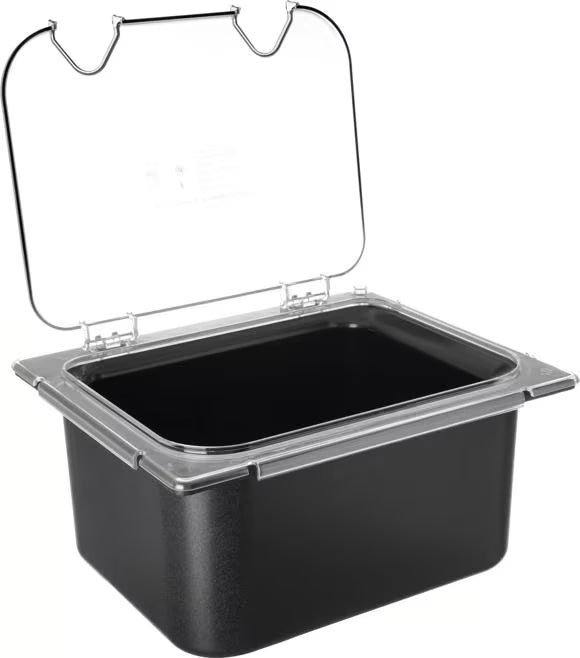Shop the Coldmaster EZ Access Lid with Notches Half Size featuring a clear polycarbonate design, hinged snap-on construction and multiple utensil notches for convenient commercial foodservice use.