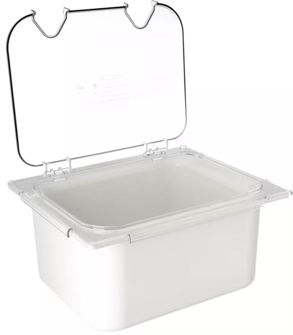 Shop the Coldmaster EZ Access Lid with Notches Half Size featuring a clear polycarbonate design, hinged snap-on construction and multiple utensil notches for convenient commercial foodservice use.