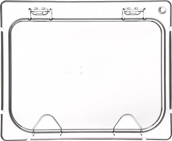 Shop the Coldmaster EZ Access Lid with Notches Half Size featuring a clear polycarbonate design, hinged snap-on construction and multiple utensil notches for convenient commercial foodservice use.