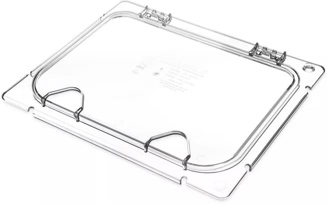 Shop the Coldmaster EZ Access Lid with Notches Half Size featuring a clear polycarbonate design, hinged snap-on construction and multiple utensil notches for convenient commercial foodservice use.