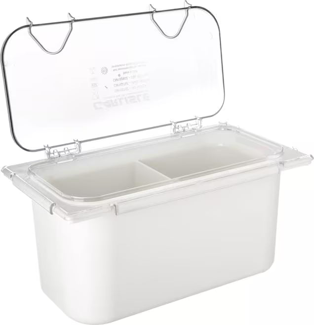 Protect and access food easily with the Clear Coldmaster EZ Access Lid One Third Size CM10278Z07. This dishwasher safe polycarbonate hinged lid features a secure snap on design and is ideal for restaurants, buffets, catering operations, and commercial kitchens.