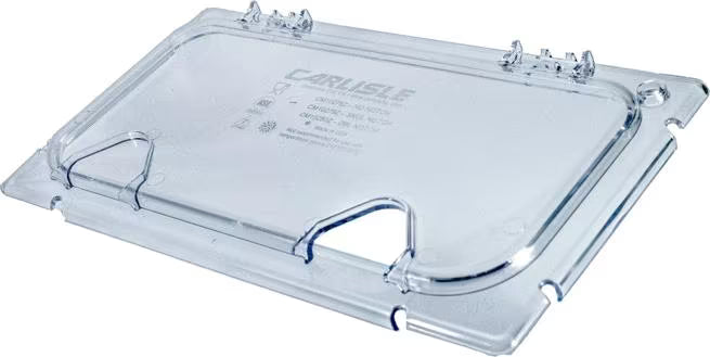 Improve food service with the Clear Coldmaster EZ Access Lid with Notch One Third Size CM10279Z07. This dishwasher safe polycarbonate hinged lid features a utensil notch and secure snap on design, making it ideal for restaurants, buffets, catering operations, and commercial kitchens.