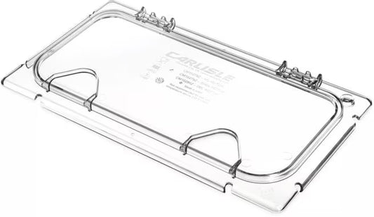 Improve food service with the Clear Coldmaster EZ Access Lid with Notch One Third Size CM10279Z07. This dishwasher safe polycarbonate hinged lid features a utensil notch and secure snap on design, making it ideal for restaurants, buffets, catering operations, and commercial kitchens.