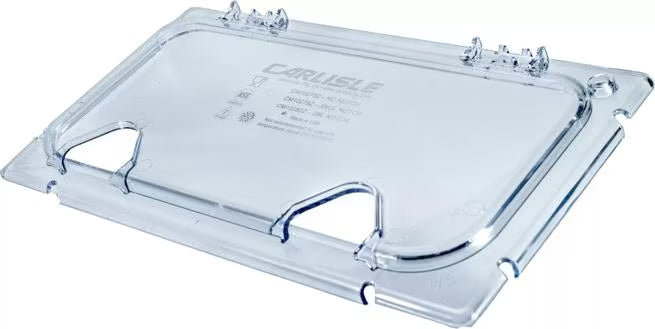 Improve food service with the Clear Coldmaster EZ Access Lid with Notches One Third Size CM10280Z07. This dishwasher safe polycarbonate hinged lid features dual utensil notches and a secure snap on design, making it ideal for restaurants, buffets, catering operations, and commercial kitchens.