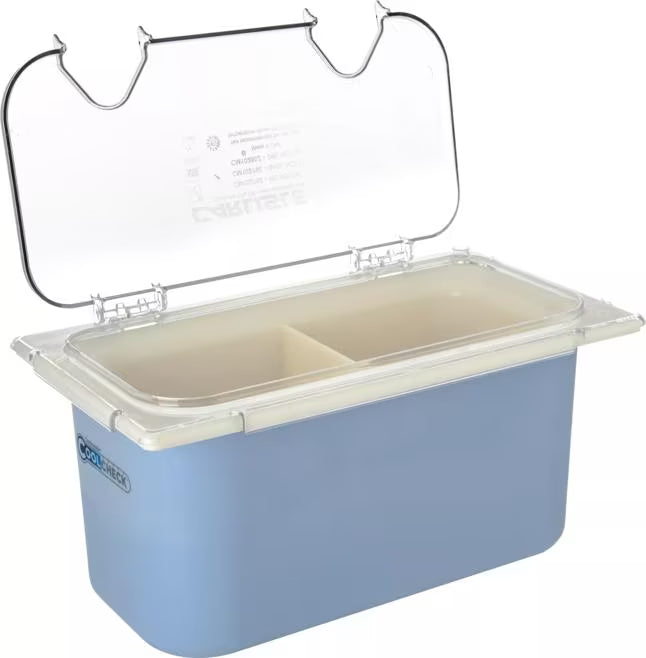 Improve food service with the Clear Coldmaster EZ Access Lid with Notches One Third Size CM10280Z07. This dishwasher safe polycarbonate hinged lid features dual utensil notches and a secure snap on design, making it ideal for restaurants, buffets, catering operations, and commercial kitchens.