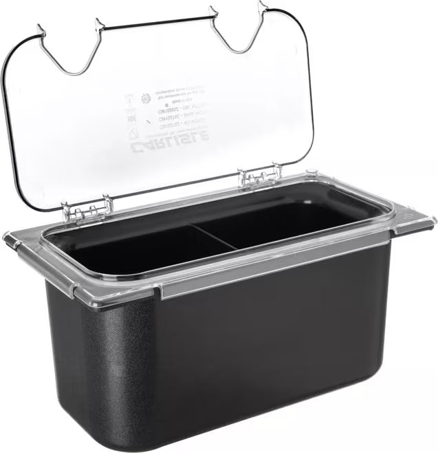 Improve food service with the Clear Coldmaster EZ Access Lid with Notches One Third Size CM10280Z07. This dishwasher safe polycarbonate hinged lid features dual utensil notches and a secure snap on design, making it ideal for restaurants, buffets, catering operations, and commercial kitchens.