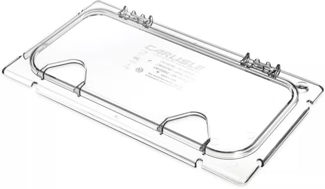 Improve food service with the Clear Coldmaster EZ Access Lid with Notches One Third Size CM10280Z07. This dishwasher safe polycarbonate hinged lid features dual utensil notches and a secure snap on design, making it ideal for restaurants, buffets, catering operations, and commercial kitchens.