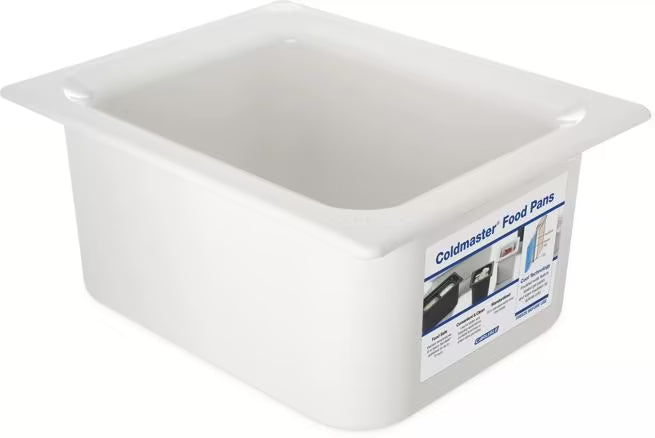 Keep cold foods safely chilled with the Half Size White Coldmaster Food Pan 6 Quart CM110102. This insulated gel filled food pan maintains temperatures for up to 8 hours without ice and is ideal for restaurants, buffets, catering operations, and commercial kitchens.