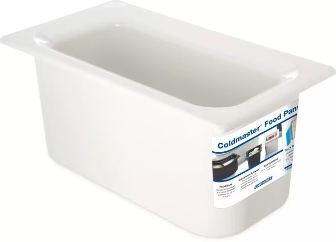 Keep cold foods safely chilled with the One Third Size White Coldmaster Food Pan 3.5 Quart CM110202. This insulated gel filled food pan maintains temperatures for up to 8 hours without ice and is ideal for restaurants, buffets, catering operations, salad bars, and commercial kitchens.