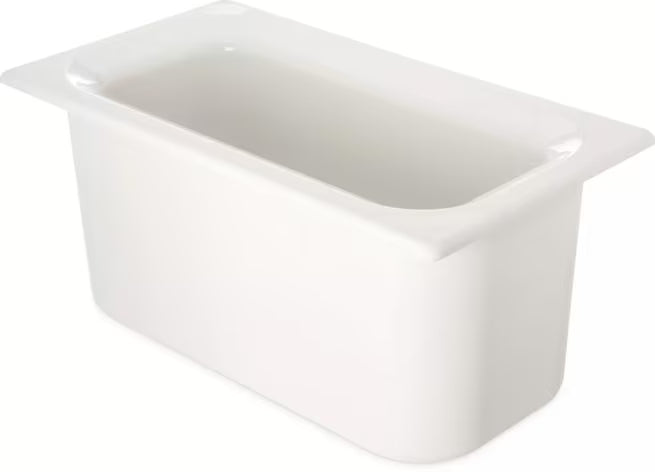Keep cold foods safely chilled with the One Third Size White Coldmaster Food Pan 3.5 Quart CM110202. This insulated gel filled food pan maintains temperatures for up to 8 hours without ice and is ideal for restaurants, buffets, catering operations, salad bars, and commercial kitchens.