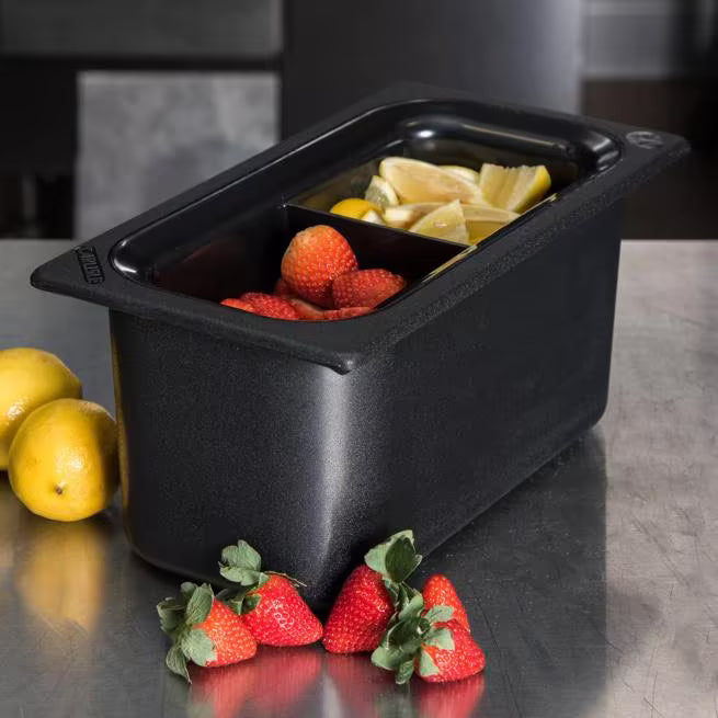 Keep cold foods organized and safely chilled with the One Third Size Black Coldmaster Food Pan with Divider 3.5 Quart CM110303. This insulated gel filled food pan features a molded divider and maintains temperatures for up to 8 hours without ice, making it ideal for restaurants, buffets, catering operations, salad bars, and commercial kitchens.
