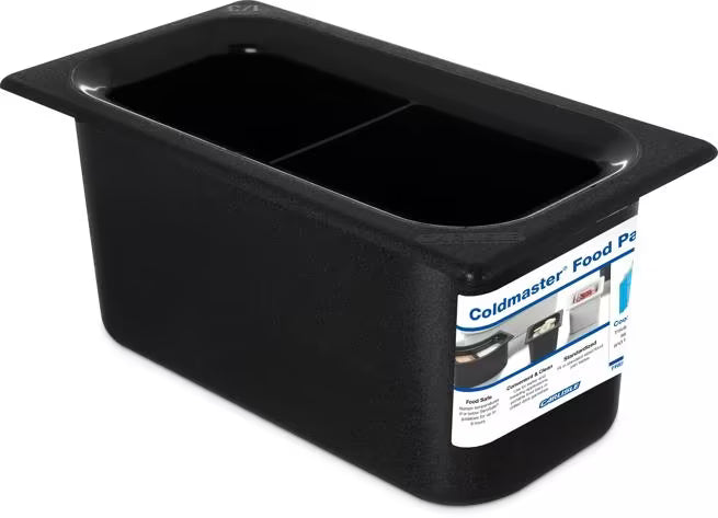 Keep cold foods organized and safely chilled with the One Third Size Black Coldmaster Food Pan with Divider 3.5 Quart CM110303. This insulated gel filled food pan features a molded divider and maintains temperatures for up to 8 hours without ice, making it ideal for restaurants, buffets, catering operations, salad bars, and commercial kitchens.