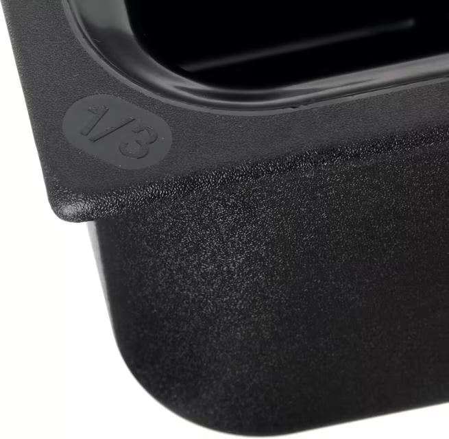 Keep cold foods organized and safely chilled with the One Third Size Black Coldmaster Food Pan with Divider 3.5 Quart CM110303. This insulated gel filled food pan features a molded divider and maintains temperatures for up to 8 hours without ice, making it ideal for restaurants, buffets, catering operations, salad bars, and commercial kitchens.