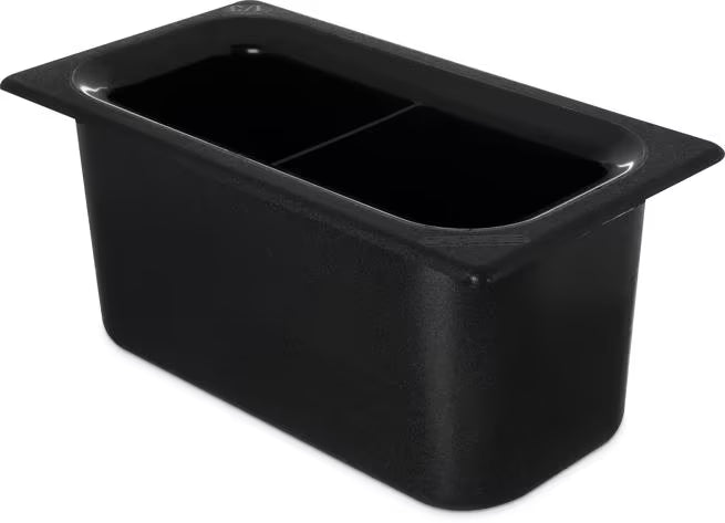 Keep cold foods organized and safely chilled with the One Third Size Black Coldmaster Food Pan with Divider 3.5 Quart CM110303. This insulated gel filled food pan features a molded divider and maintains temperatures for up to 8 hours without ice, making it ideal for restaurants, buffets, catering operations, salad bars, and commercial kitchens.