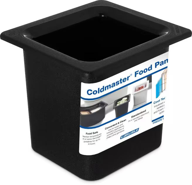 Keep cold foods safely chilled with the One Sixth Size Black Coldmaster Deep Food Pan 1 Quart CM110503. This insulated gel filled food pan maintains temperatures for up to 8 hours without ice and is ideal for condiments, toppings, sauces, salad bars, restaurants, buffets, and commercial kitchens.