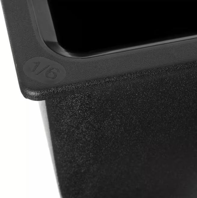 Keep cold foods safely chilled with the One Sixth Size Black Coldmaster Deep Food Pan 1 Quart CM110503. This insulated gel filled food pan maintains temperatures for up to 8 hours without ice and is ideal for condiments, toppings, sauces, salad bars, restaurants, buffets, and commercial kitchens.