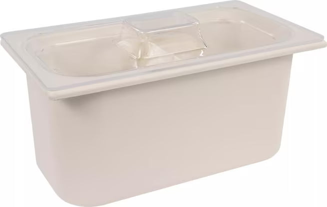 Protect chilled foods with the Clear Coldmaster Food Pan Lid One Third Size CM112707. This dishwasher safe lid provides full coverage, a molded handle for easy removal, and a secure fit for Coldmaster one third size food pans in restaurants, buffets, catering operations, and commercial kitchens.