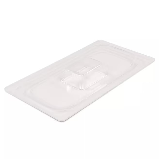 Protect chilled foods with the Clear Coldmaster Food Pan Lid One Third Size CM112707. This dishwasher safe lid provides full coverage, a molded handle for easy removal, and a secure fit for Coldmaster one third size food pans in restaurants, buffets, catering operations, and commercial kitchens.