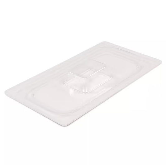 Protect chilled foods with the Clear Coldmaster Food Pan Lid One Third Size CM112707. This dishwasher safe lid provides full coverage, a molded handle for easy removal, and a secure fit for Coldmaster one third size food pans in restaurants, buffets, catering operations, and commercial kitchens.