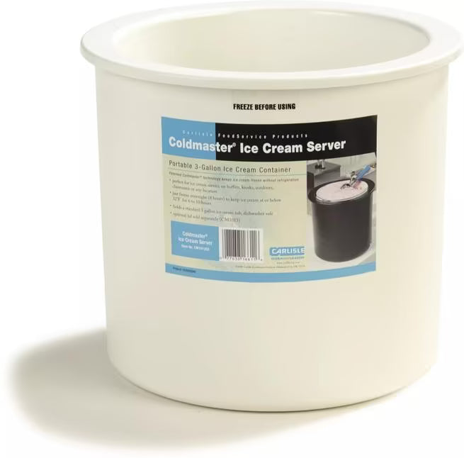 Serve ice cream anywhere with the 3 Gallon White Coldmaster Ice Cream Server and Lid CM101202. Gel filled insulation keeps ice cream frozen for 6 to 8 hours without electricity or ice and includes a polycarbonate lid for convenient service.