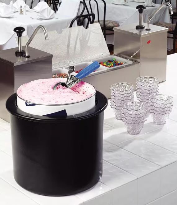 Serve ice cream anywhere with the 3 Gallon Black Coldmaster Ice Cream Server and Lid CM101203. Gel filled insulation keeps ice cream frozen for 6 to 8 hours without electricity or ice and includes a polycarbonate lid for convenient service.