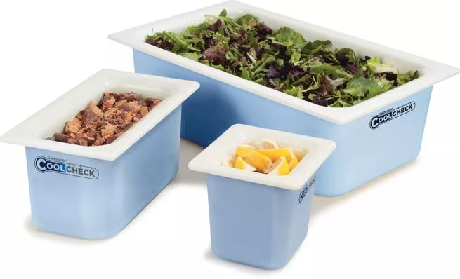 Monitor cold food temperatures with the 6 Quart White Blue Coldmaster CoolCheck Half Size Food Pan CM1101C1402. CoolCheck technology provides a visual temperature indicator while refrigerant gel keeps food at or below 40°F for up to 8 hours.