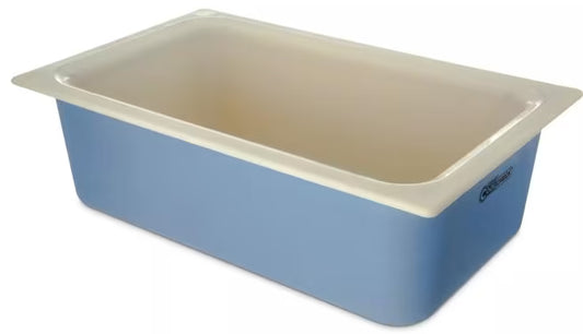 Monitor cold food temperatures with the 15 Quart White Blue Coldmaster CoolCheck Full Size Food Pan CM1100C1402. CoolCheck technology provides a visual temperature indicator while refrigerant gel keeps food at or below 40°F for up to 8 hours.