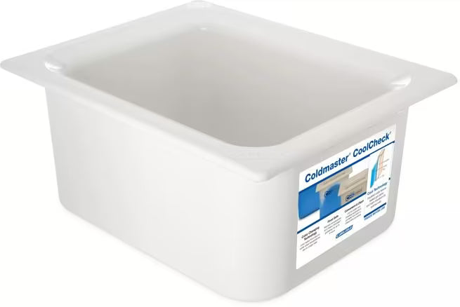 Monitor cold food temperatures with the 6 Quart White Blue Coldmaster CoolCheck Half Size Food Pan CM1101C1402. CoolCheck technology provides a visual temperature indicator while refrigerant gel keeps food at or below 40°F for up to 8 hours.