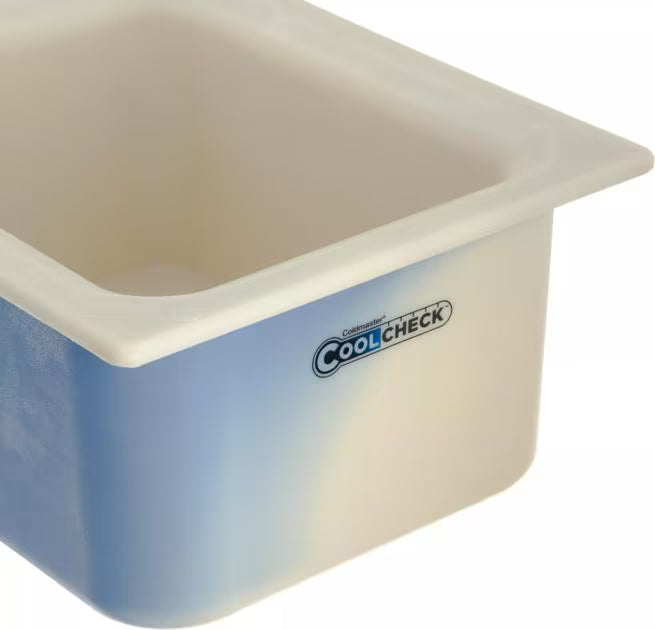 Monitor cold food temperatures with the 6 Quart White Blue Coldmaster CoolCheck Half Size Food Pan CM1101C1402. CoolCheck technology provides a visual temperature indicator while refrigerant gel keeps food at or below 40°F for up to 8 hours.