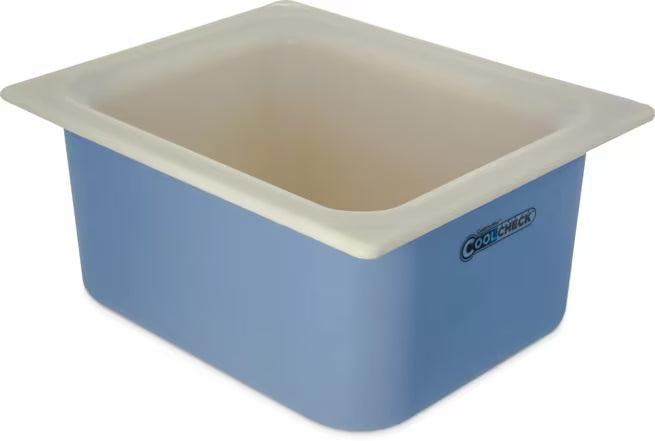Monitor cold food temperatures with the 6 Quart White Blue Coldmaster CoolCheck Half Size Food Pan CM1101C1402. CoolCheck technology provides a visual temperature indicator while refrigerant gel keeps food at or below 40°F for up to 8 hours.