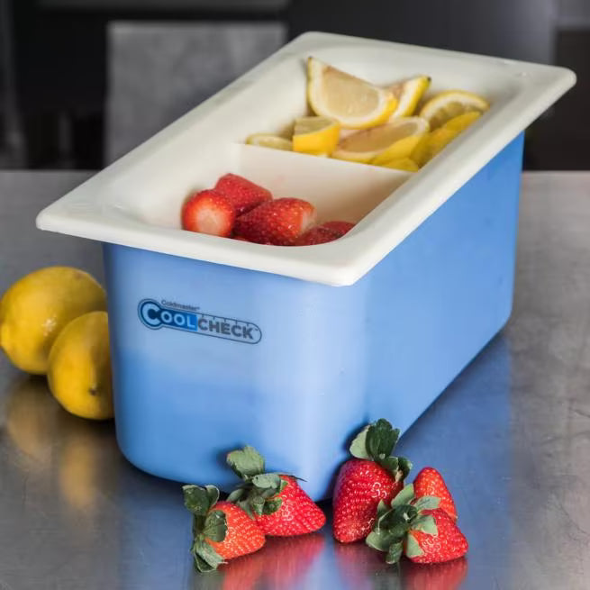 Organize and monitor cold foods with the 3.4 Quart White Blue Coldmaster CoolCheck Third Size Divided Food Pan CM1103C1402. CoolCheck technology visually indicates temperature changes while refrigerant gel keeps food at or below 40°F for up to 8 hours.