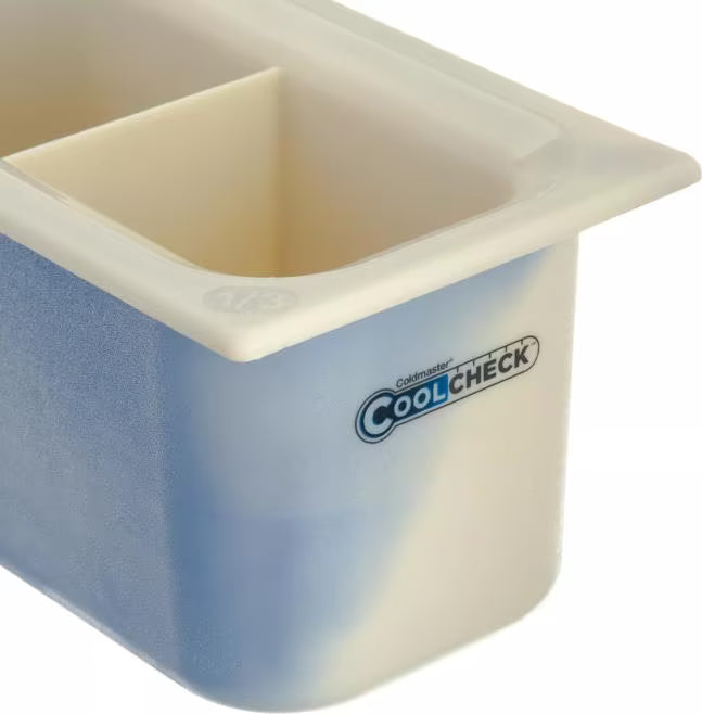 Organize and monitor cold foods with the 3.4 Quart White Blue Coldmaster CoolCheck Third Size Divided Food Pan CM1103C1402. CoolCheck technology visually indicates temperature changes while refrigerant gel keeps food at or below 40°F for up to 8 hours.