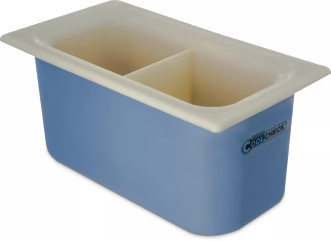 Organize and monitor cold foods with the 3.4 Quart White Blue Coldmaster CoolCheck Third Size Divided Food Pan CM1103C1402. CoolCheck technology visually indicates temperature changes while refrigerant gel keeps food at or below 40°F for up to 8 hours.