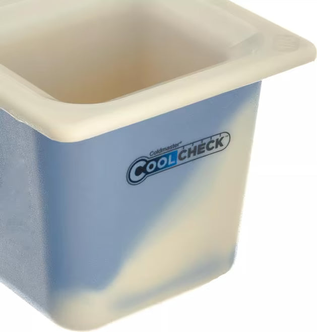 Monitor cold food temperatures with the 1.6 Quart White Blue Coldmaster CoolCheck Sixth Size Food Pan CM1104C1402. CoolCheck technology visually indicates temperature changes while refrigerant gel keeps food at or below 40°F for up to 8 hours.