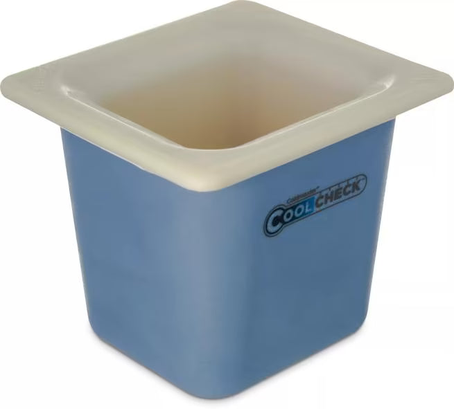 Monitor cold food temperatures with the 1.6 Quart White Blue Coldmaster CoolCheck Sixth Size Food Pan CM1104C1402. CoolCheck technology visually indicates temperature changes while refrigerant gel keeps food at or below 40°F for up to 8 hours.