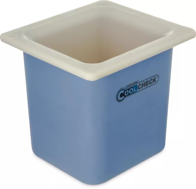 Monitor cold food temperatures with the 1.7 Quart White Blue Coldmaster CoolCheck Sixth Size High Capacity Food Pan CM1105C1402. CoolCheck technology visually indicates temperature changes while refrigerant gel keeps food at or below 40°F for up to 8 hours.