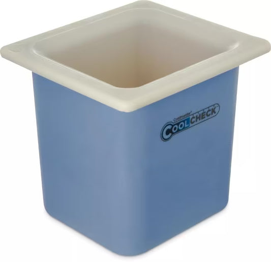 Monitor cold food temperatures with the 1.7 Quart White Blue Coldmaster CoolCheck Sixth Size High Capacity Food Pan CM1105C1402. CoolCheck technology visually indicates temperature changes while refrigerant gel keeps food at or below 40°F for up to 8 hours.