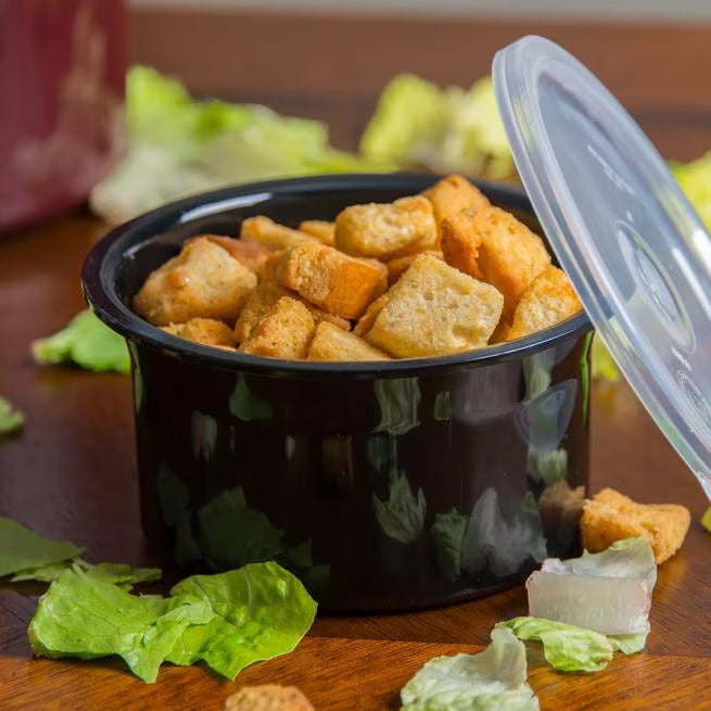 Serve condiments, sauces and sides with the 0.6 Quart Black Classic Crock with Lid 030003. Durable SAN construction resists staining, breaking, chipping and scuffing while the included translucent snap on lid provides convenient coverage.