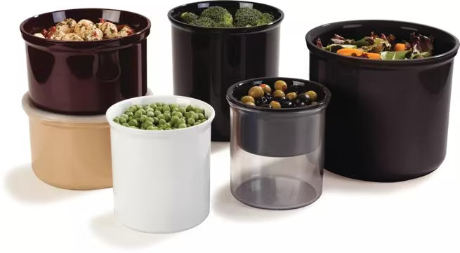 Serve condiments, sauces and sides with the 0.6 Quart Black Classic Crock with Lid 030003. Durable SAN construction resists staining, breaking, chipping and scuffing while the included translucent snap on lid provides convenient coverage.