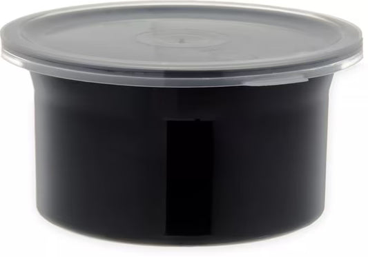Serve condiments, sauces and sides with the 0.6 Quart Black Classic Crock with Lid 030003. Durable SAN construction resists staining, breaking, chipping and scuffing while the included translucent snap on lid provides convenient coverage.