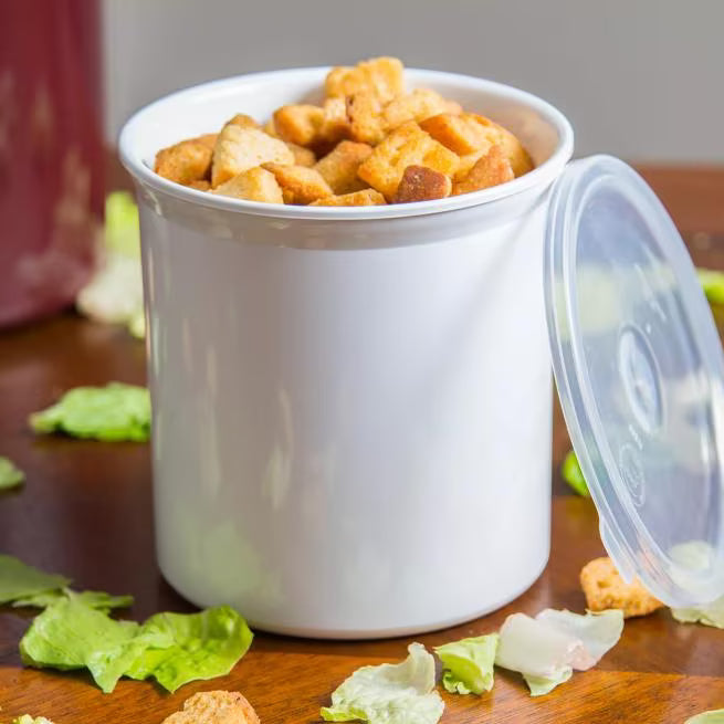 Serve condiments, sauces and sides with the 1.2 Quart White Classic Crock with Lid 030102. Durable SAN construction resists staining, breaking, chipping and scuffing while the included translucent snap on lid provides convenient coverage.