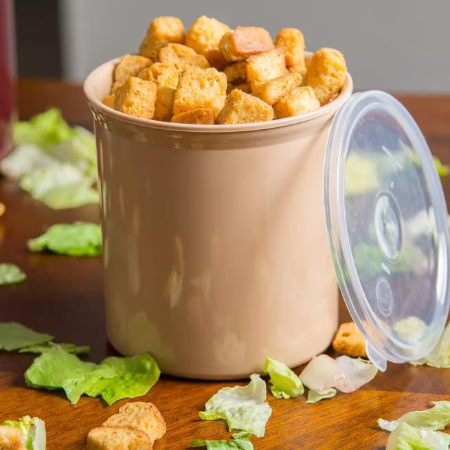 Serve condiments, sauces and sides with the 1.2 Quart Beige Classic Crock with Lid 030106. Durable SAN construction resists staining, breaking, chipping and scuffing while the included translucent snap on lid provides convenient coverage.
