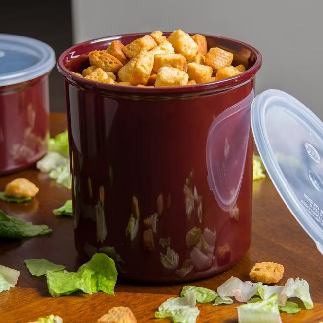 Serve condiments, sauces and sides with the 2.7 Quart Brown Classic Crock with Lid 030201. Durable SAN construction resists staining, breaking, chipping and scuffing while the included translucent snap on lid provides convenient coverage.