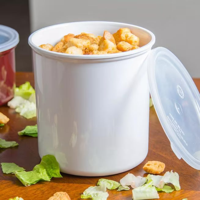 Serve condiments, sauces and sides with the 2.7 Quart White Classic Crock with Lid 030202. Durable SAN construction resists staining, breaking, chipping and scuffing while the included translucent snap on lid provides convenient coverage.
