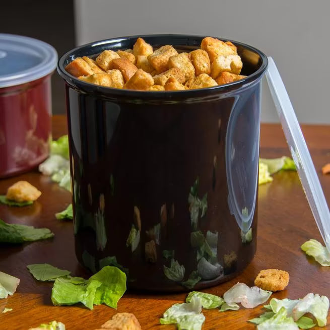 Serve condiments, sauces and sides with the 2.7 Quart Black Classic Crock with Lid 030203. Durable SAN construction resists staining, breaking, chipping and scuffing while the included translucent snap on lid provides convenient coverage.