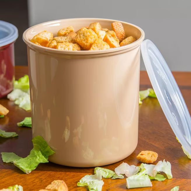 Serve condiments, sauces and sides with the 2.7 Quart Beige Classic Crock with Lid 030206. Durable SAN construction resists staining, breaking, chipping and scuffing while the included translucent snap on lid provides convenient coverage.