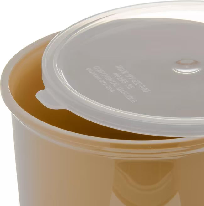 Serve condiments, sauces and sides with the 2.7 Quart Beige Classic Crock with Lid 030206. Durable SAN construction resists staining, breaking, chipping and scuffing while the included translucent snap on lid provides convenient coverage.