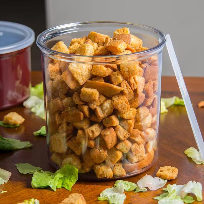 Serve condiments, sauces and sides with the 2.7 Quart Clear Classic Crock with Lid 030207. Durable SAN construction resists staining, breaking, chipping and scuffing while the clear design and included translucent snap on lid provide convenient visibility and coverage.