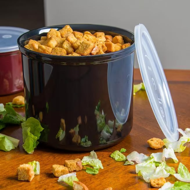 Serve condiments, sauces and sides with the 4 Quart Black Classic Crock with Lid 030403. Durable SAN construction resists staining, breaking, chipping and scuffing while the included translucent snap on lid provides convenient coverage.