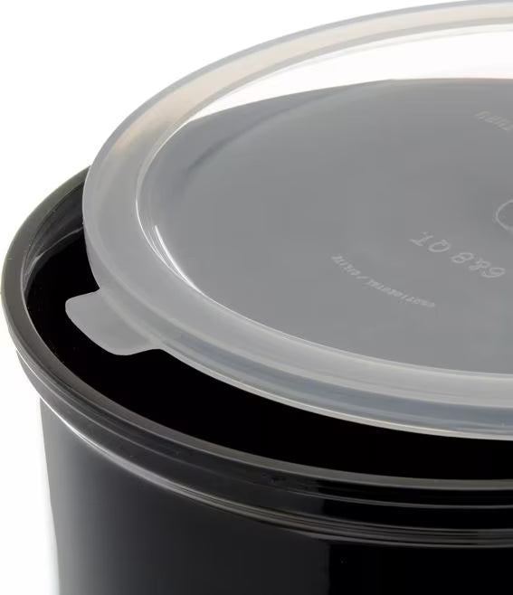 Serve condiments, sauces and sides with the 4 Quart Black Classic Crock with Lid 030403. Durable SAN construction resists staining, breaking, chipping and scuffing while the included translucent snap on lid provides convenient coverage.